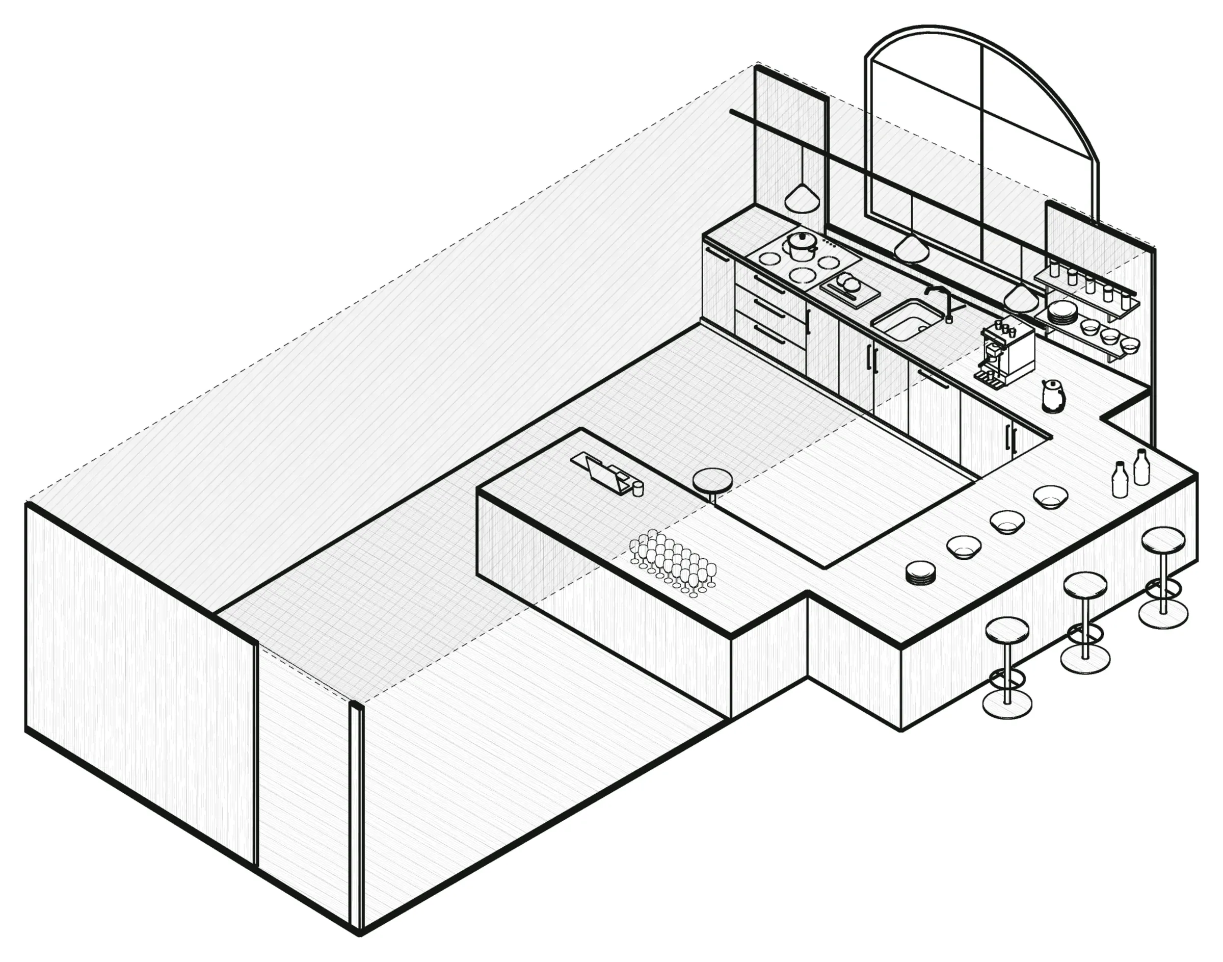 Isometrie des Küchenmoduls: Küchenzeile vor dem Stichbogenfenster, Theke für Empfang und Buffet, Barhocker