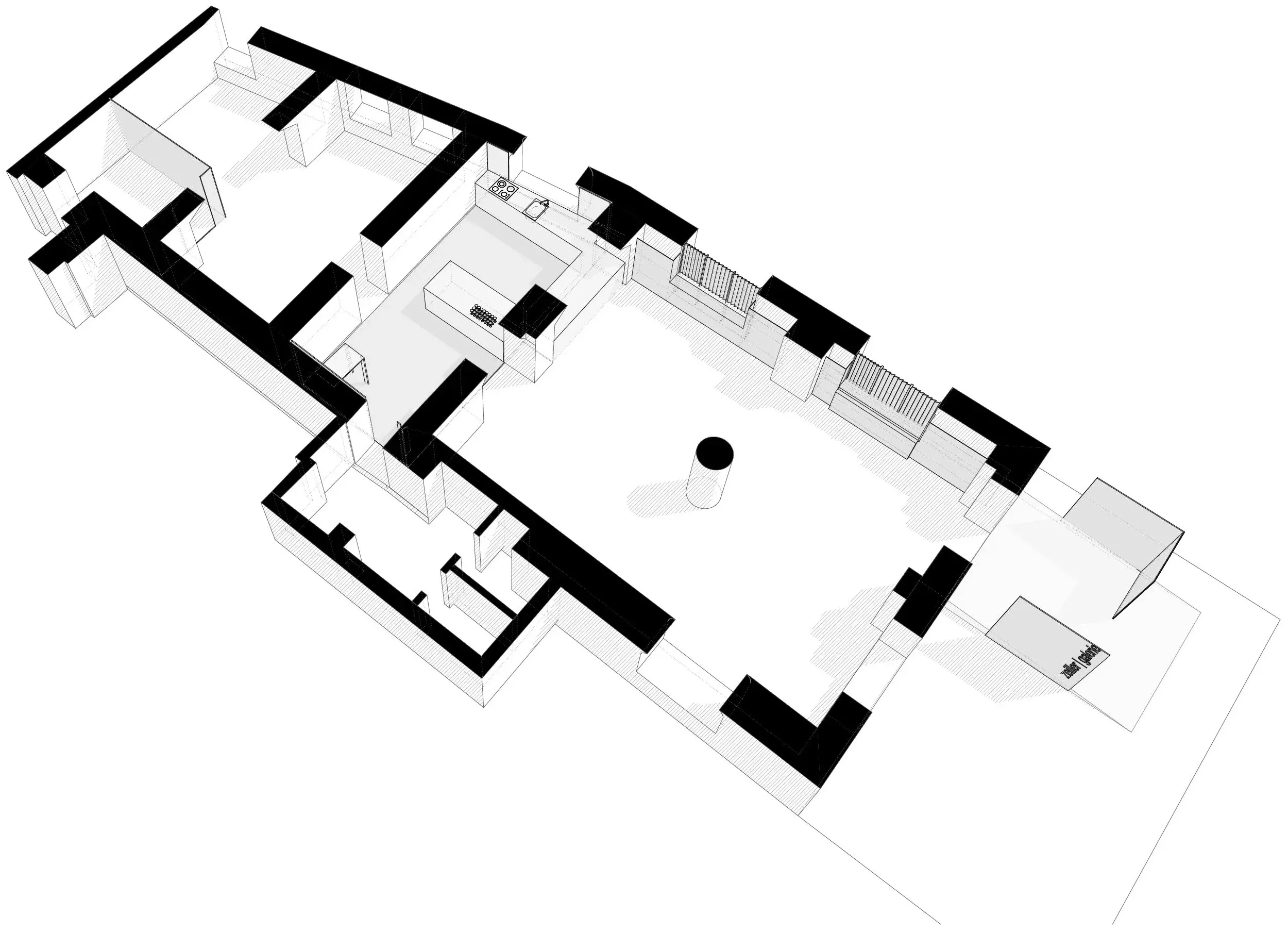Grundriss als Schnittperspektive, in der Mitte der große Saal